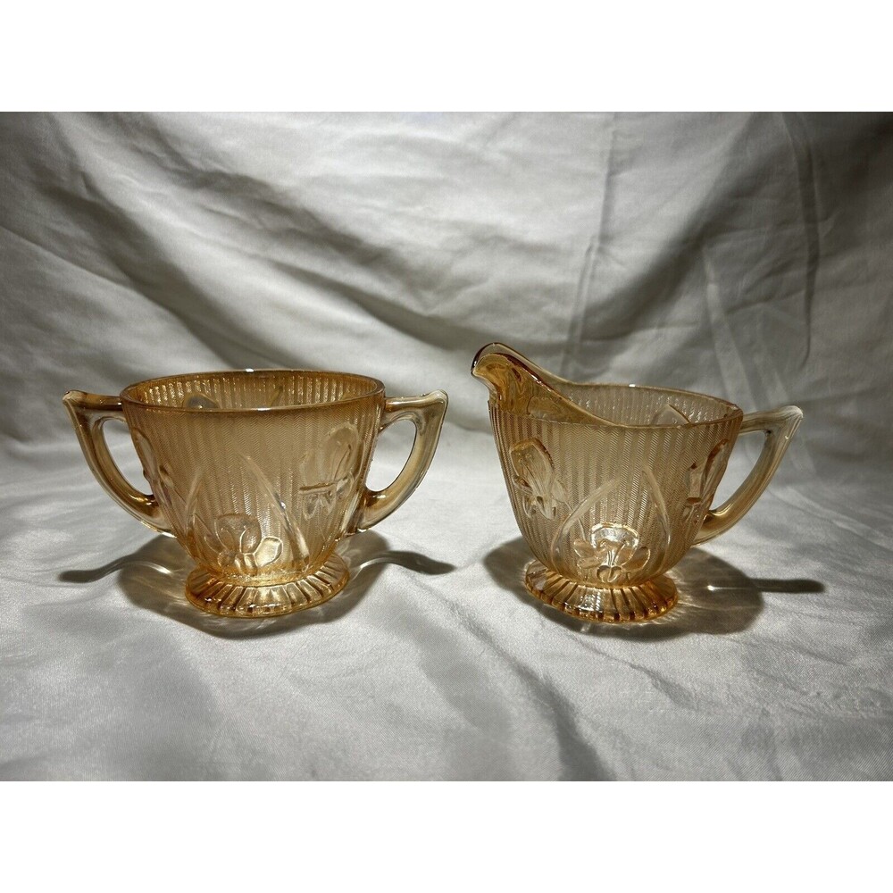 Jeannette Glass Iris And Herringbone Marigold Iridescent Creamer & Sugar Tea Set